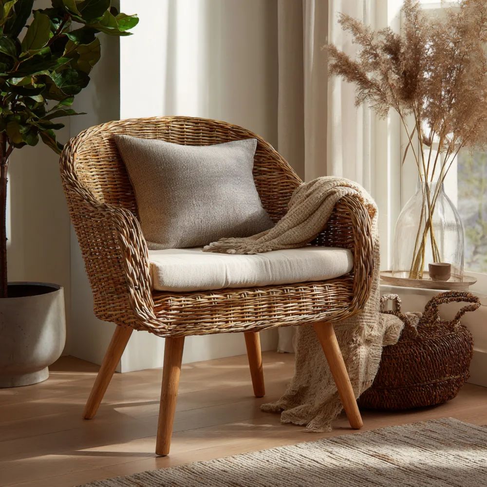 Rattansessel mit Kissen Baumwolle 75x70x85 cm - Naturfarben