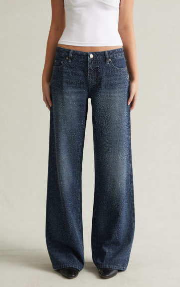 Low Rise Baggy Jeans Rhinestone Medium Blue