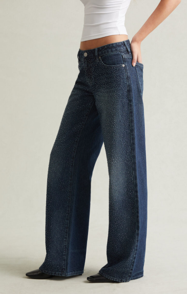 Low Rise Baggy Jeans Rhinestone Medium Blue