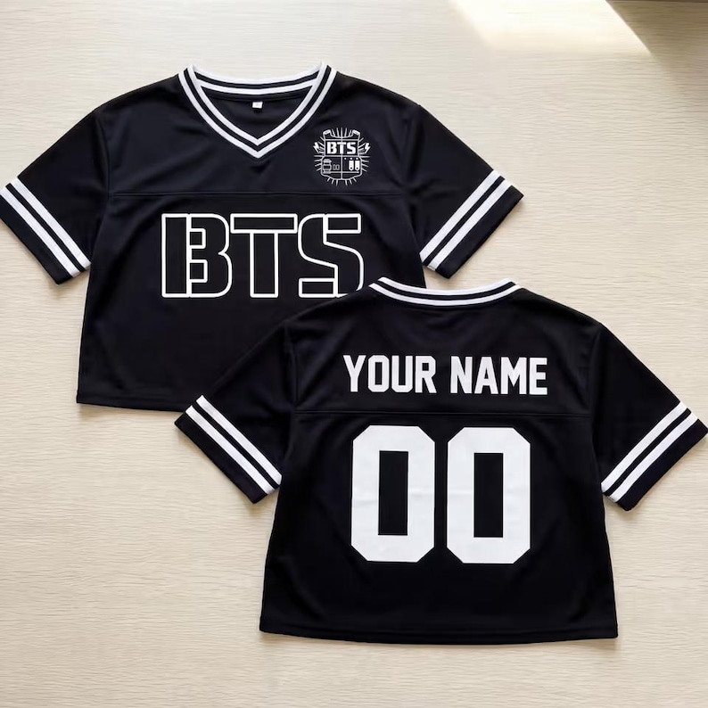 Custom BTS Jersey Crop Top, Personalized Kpop Concert Outfit, Black Sports Shirt