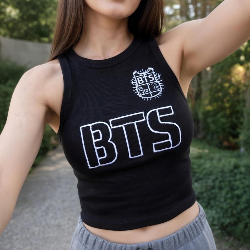 Embroidered BTS Tank Top, Kpop Fan Apparel, Korean Streetwear, Cotton Blend