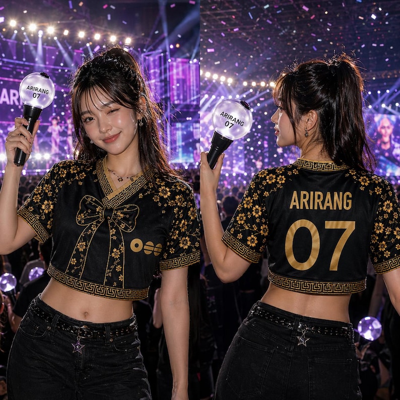 BTS  Hanbok Style Crop Top Jersey, Black Gold Kpop Concert Outfit, Personalized ARIRANG 07 Shirt, BTS Inspired Football Crop Top