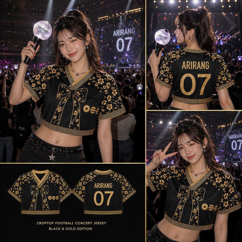 BTS  Hanbok Style Crop Top Jersey, Black Gold Kpop Concert Outfit, Personalized ARIRANG 07 Shirt, BTS Inspired Football Crop Top