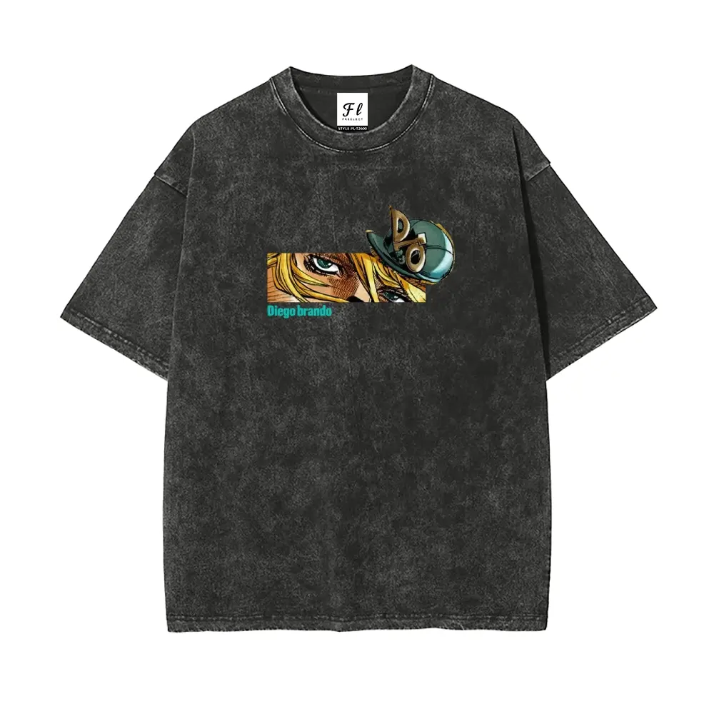 “Diego Brando”acid wash tee, also known as "DIO," from the manga *JoJo's Bizarre Adventure* Part 7: *Steel Ball Run* --Short Sleeve Cotton Unisex Retro wash Tee