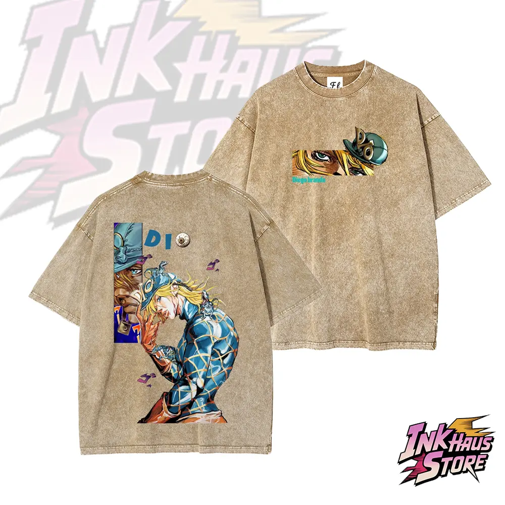 “Diego Brando”acid wash tee, also known as "DIO," from the manga *JoJo's Bizarre Adventure* Part 7: *Steel Ball Run* --Short Sleeve Cotton Unisex Retro wash Tee