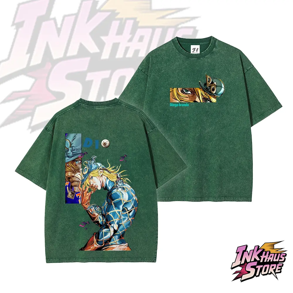 “Diego Brando”acid wash tee, also known as "DIO," from the manga *JoJo's Bizarre Adventure* Part 7: *Steel Ball Run* --Short Sleeve Cotton Unisex Retro wash Tee