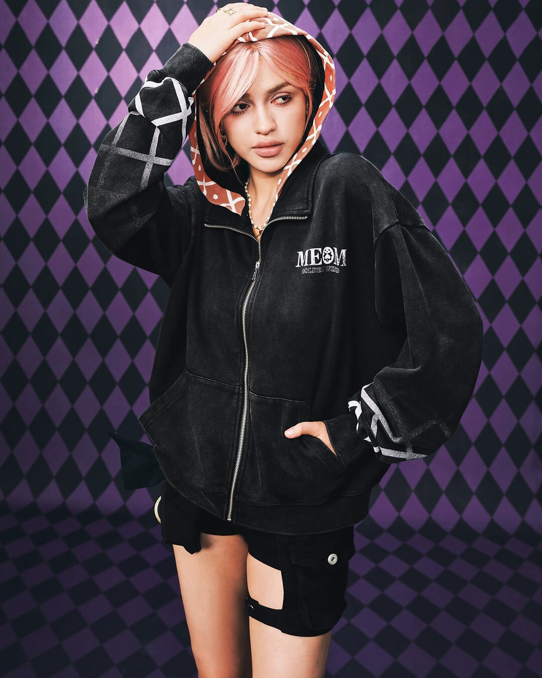 JOJO  Plaid Hooded Washed Zip Up Hoodie