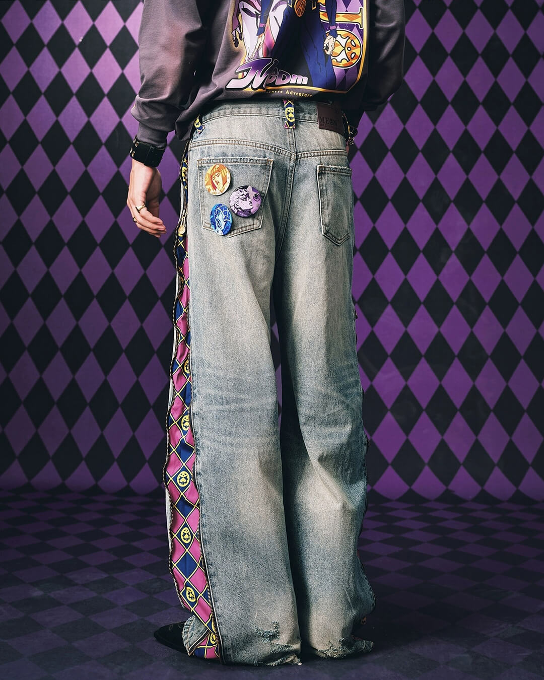 JOJO  Side Zipper Contrast Checkered Washed Jeans