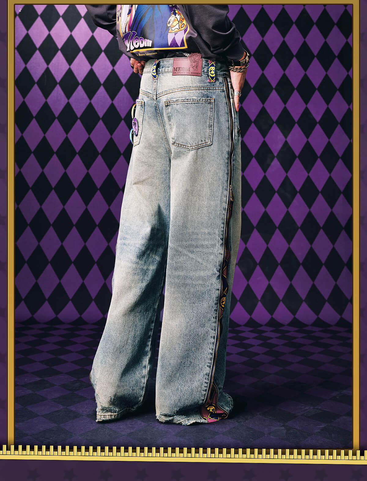 JOJO  Side Zipper Contrast Checkered Washed Jeans