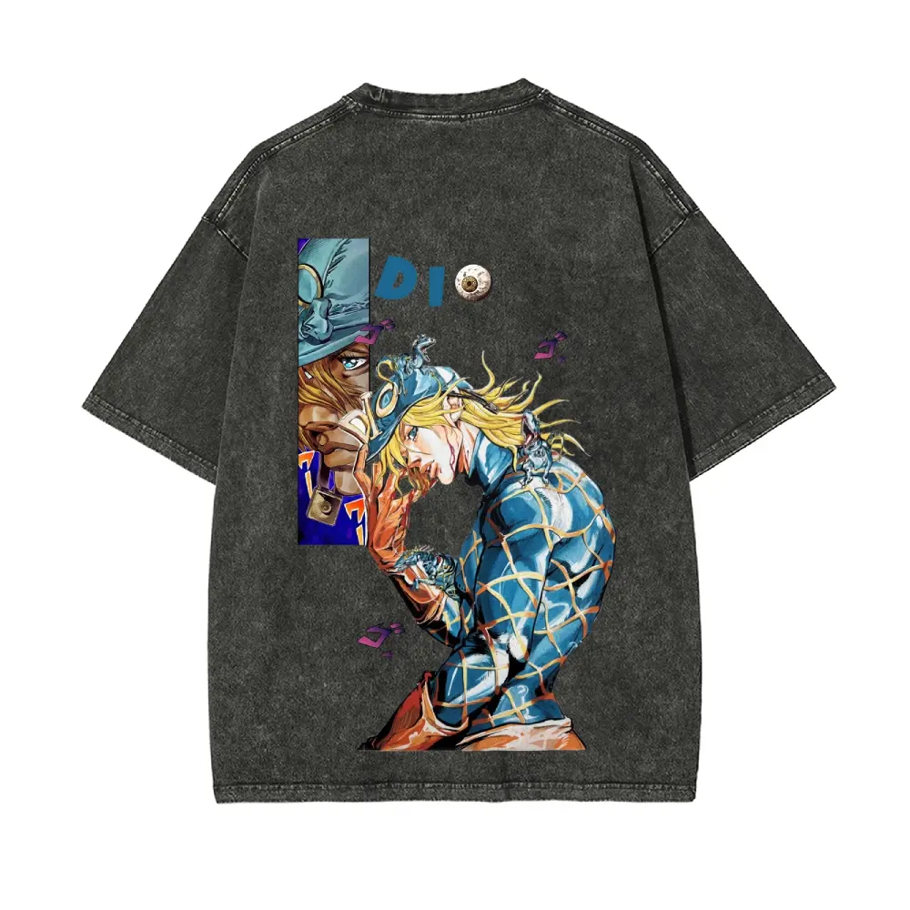 “Diego Brando”acid wash tee, also known as "DIO," from the manga *JoJo's Bizarre Adventure* Part 7: *Steel Ball Run* --Short Sleeve Cotton Unisex Retro wash Tee