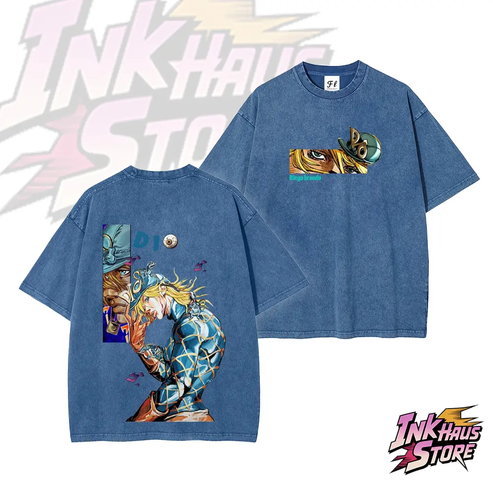 “Diego Brando”acid wash tee, also known as "DIO," from the manga *JoJo's Bizarre Adventure* Part 7: *Steel Ball Run* --Short Sleeve Cotton Unisex Retro wash Tee