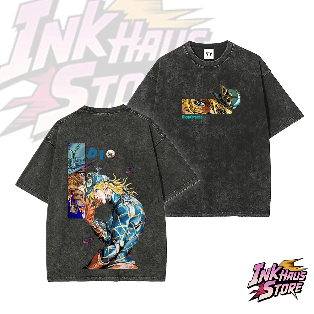 “Diego Brando”acid wash tee, also known as "DIO," from the manga *JoJo's Bizarre Adventure* Part 7: *Steel Ball Run* --Short Sleeve Cotton Unisex Retro wash Tee