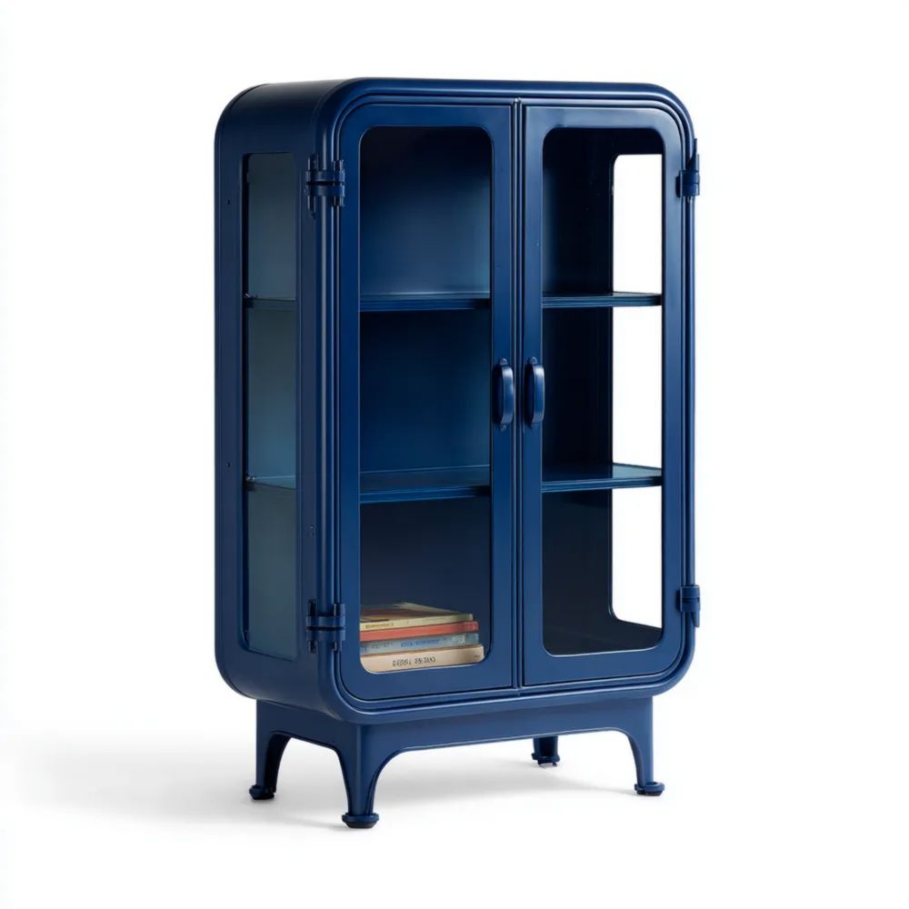 Credenza in Metallo con Ante in Vetro 80x40x120 cm - Blu Marino - Design Industriale