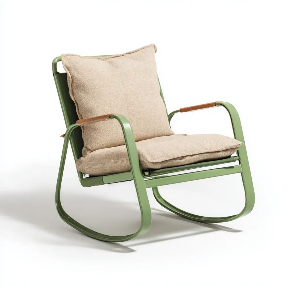 Sedia a dondolo in metallo 85x65x90 cm con cuscini - Verde Chiaro/Beige