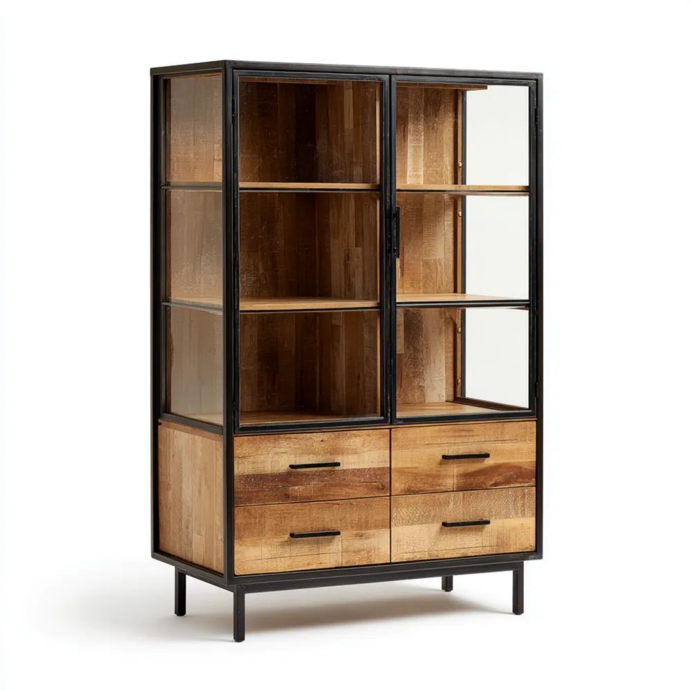 Vetrina in Legno e Metallo con Vetro - 180x100x45 cm - Design Industriale