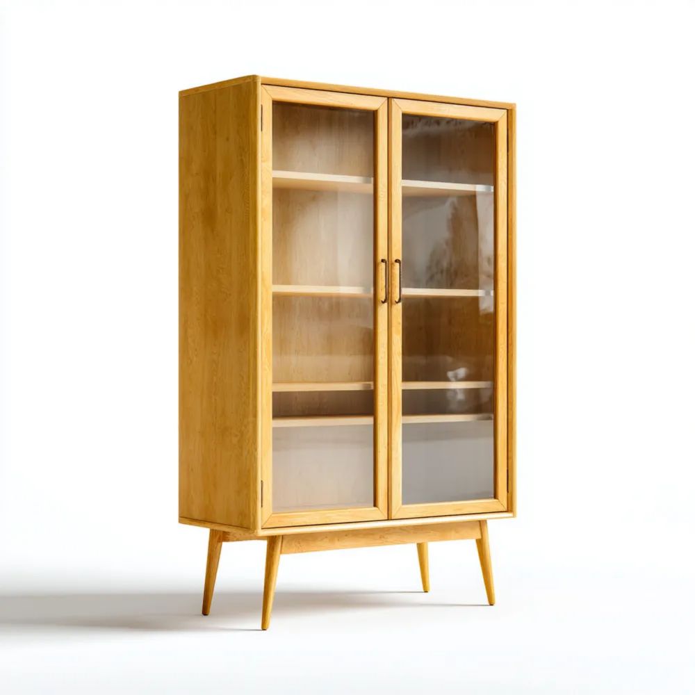 Credenza in Legno Massello con Ante in Vetro 120x40x180 cm - Naturale