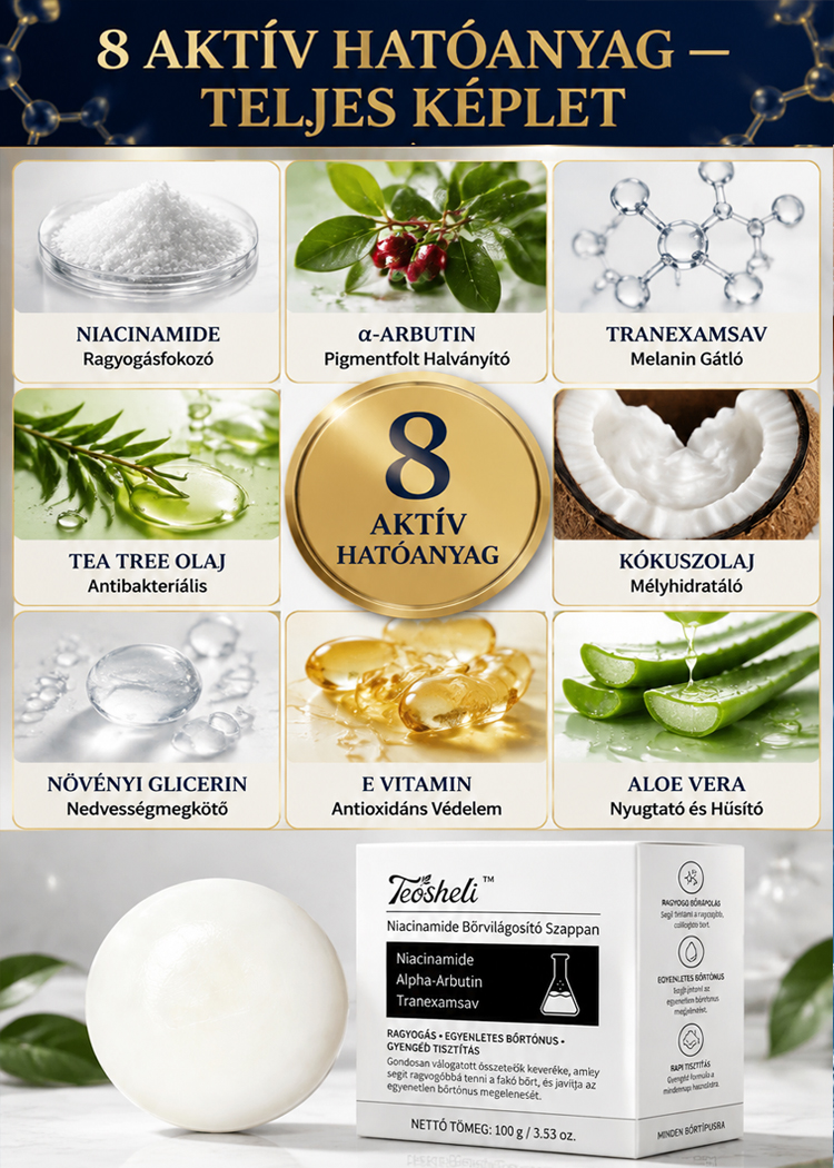 Bőrtónus-Egységesítő Niacinamide Szappan (100g) – Háromszoros Tisztító Formula (Alfa-Arbutin + Tranexámsav), 8 Aktív Hatóanyag, EU-Szabvány Szerinti Biztonság – Hivatalos 50% Raktárkisöprés!