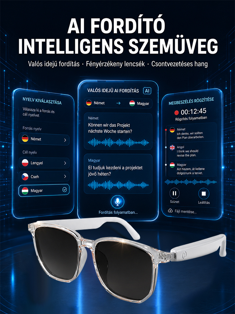 [Audiovizuális Fekete Technológia] AI Fordító Intelligens Színváltó és Fókuszáló Szemüveg – Müncheni Katonai AI Chip, Csontvezetéses Hang – Hivatalos Európai Premier Raktárkisöprés!