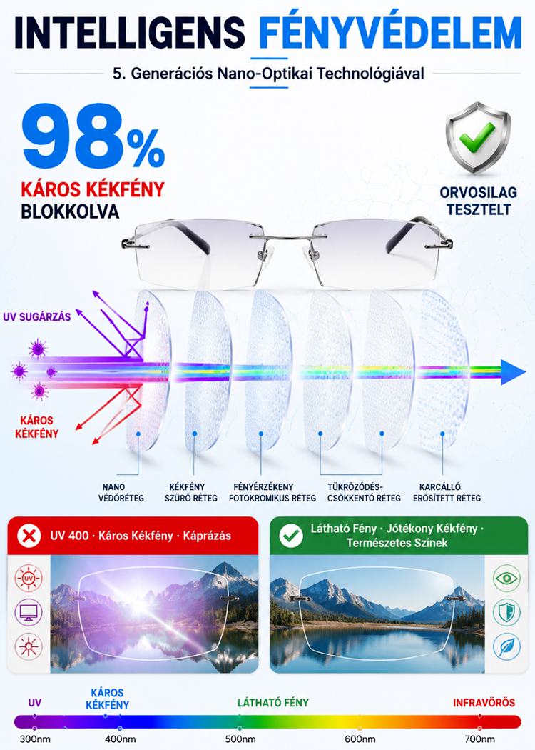 🆕【5. generációs nano-optika】Prémium multifokális intelligens fotokróm olvasószemüveg – 1+1 ajándékba.