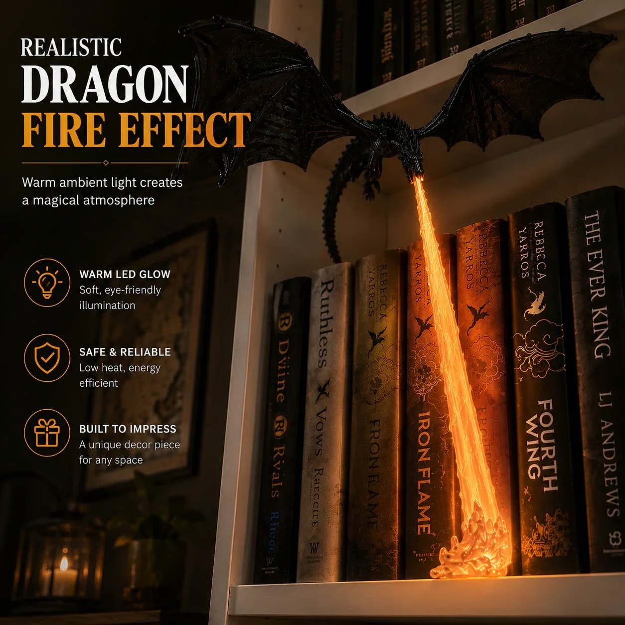 🐉3D-Printed Illuminated Dragon Flame Book Nook – Mystical Fantasy Bookshelf Decor