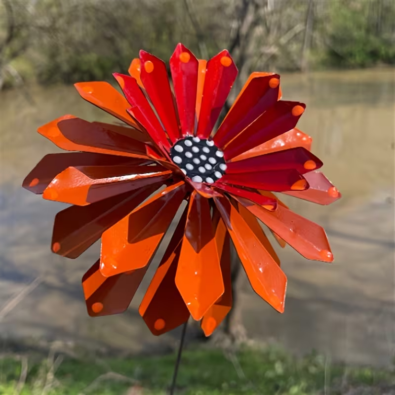 Vibrant Metal Zinnia Flower Garden Stake 🎨 | Rust-Proof Iron Yard Art with Stake