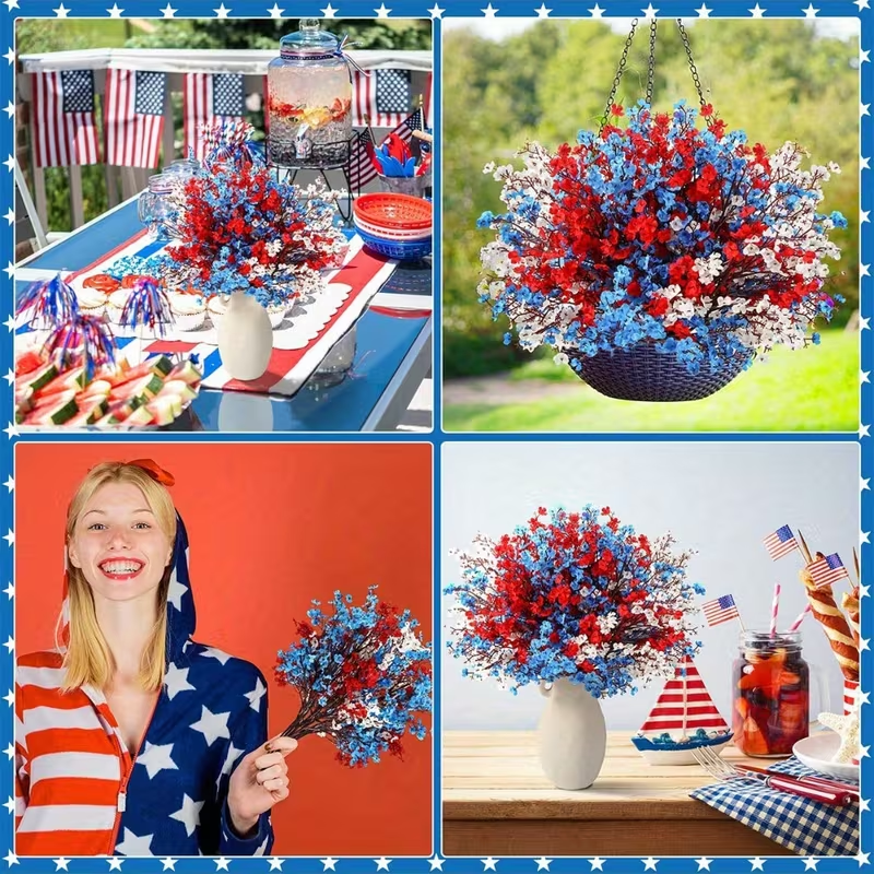 ✨ Red White Blue Faux Floral Stems (Set of 15) – 4th of July Home Decor, Table & Vase Arrangement (19.6in / 50cm)