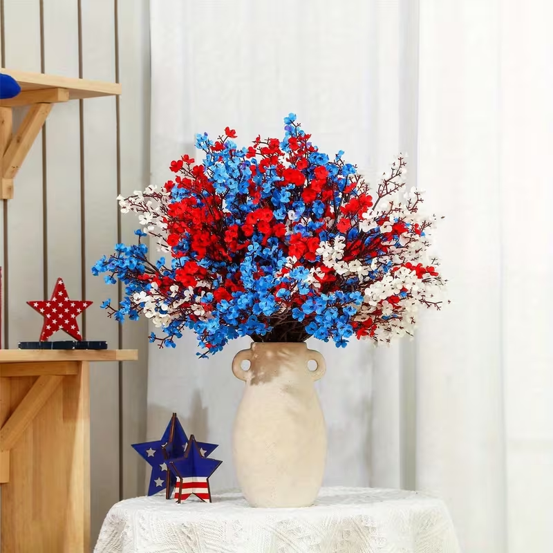 ✨ Red White Blue Faux Floral Stems (Set of 15) – 4th of July Home Decor, Table & Vase Arrangement (19.6in / 50cm)