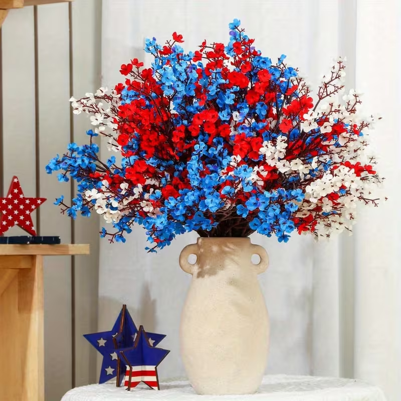 ✨ Red White Blue Faux Floral Stems (Set of 15) – 4th of July Home Decor, Table & Vase Arrangement (19.6in / 50cm)
