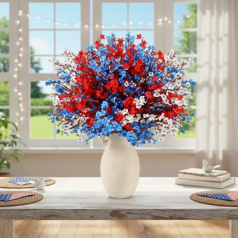 ✨ Red White Blue Faux Floral Stems (Set of 15) – 4th of July Home Decor, Table & Vase Arrangement (19.6in / 50cm)