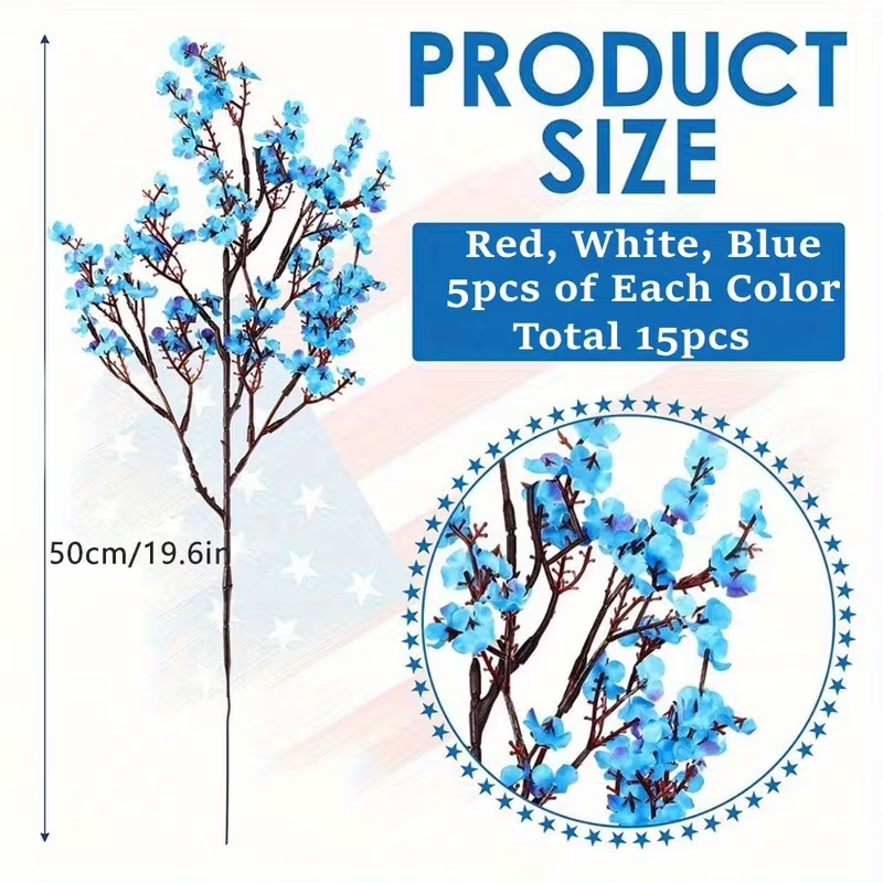 ✨ Red White Blue Faux Floral Stems (Set of 15) – 4th of July Home Decor, Table & Vase Arrangement (19.6in / 50cm)