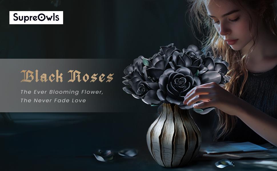 Supreowls Black Rose Flower Bouquet Building Set, Black Rose Eternal Flower Botanical Collection Blocks Kit Compatible for Adults Women, Artificial Flowers Gothic Decor for Valentine's Day & Halloween & Christmas Gift