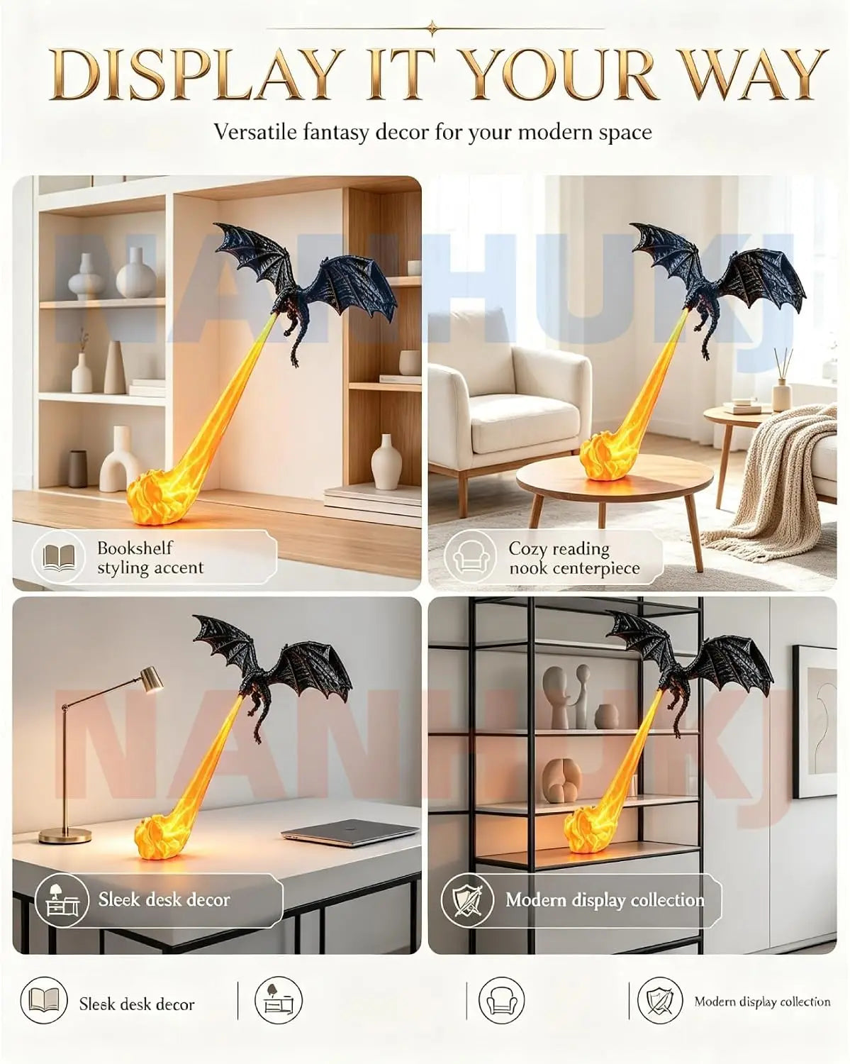 🐉3D-Printed Illuminated Dragon Flame Book Nook – Mystical Fantasy Bookshelf Decor