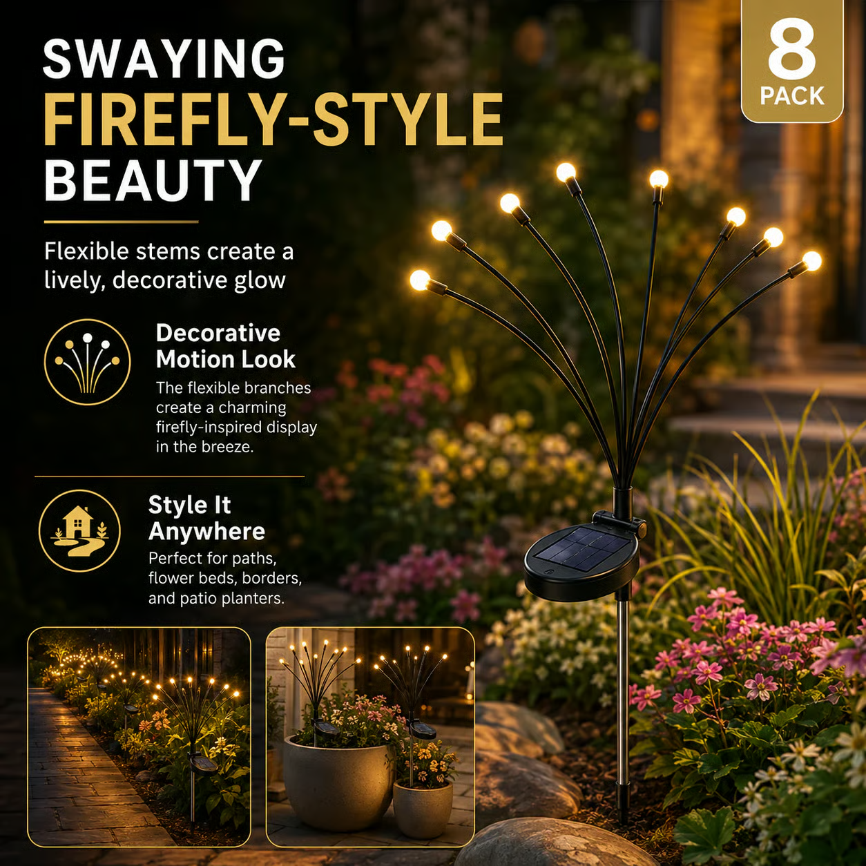 🎉🌈Last day 49% OFF - 🔥Outdoor Solar Firefly Lights, 4/8 Pack Waterproof Garden Stake Lights with Auto Dusk-to-Dawn Glow