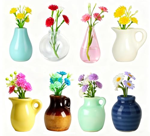 8PCS Mini Vase Magnets for Fridge,Mini Bud Vases Magnetic,Small 3D Ceramic Flower Vase Cute Fridge Magnet Set for Kitchen and Office Decoration (B-8PCS)