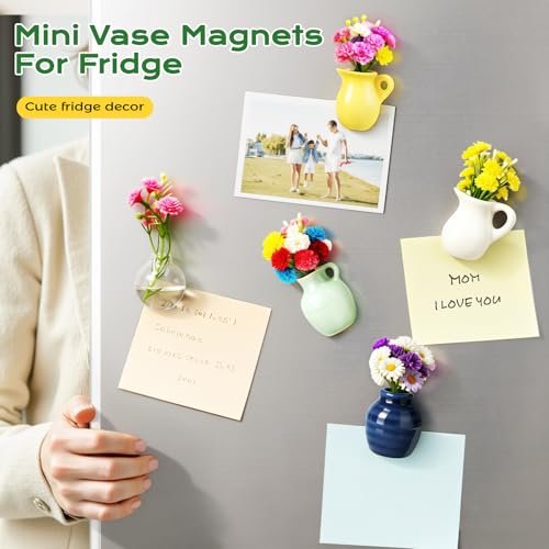 8PCS Mini Vase Magnets for Fridge,Mini Bud Vases Magnetic,Small 3D Ceramic Flower Vase Cute Fridge Magnet Set for Kitchen and Office Decoration (B-8PCS)