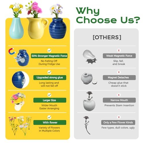 8PCS Mini Vase Magnets for Fridge,Mini Bud Vases Magnetic,Small 3D Ceramic Flower Vase Cute Fridge Magnet Set for Kitchen and Office Decoration (B-8PCS)