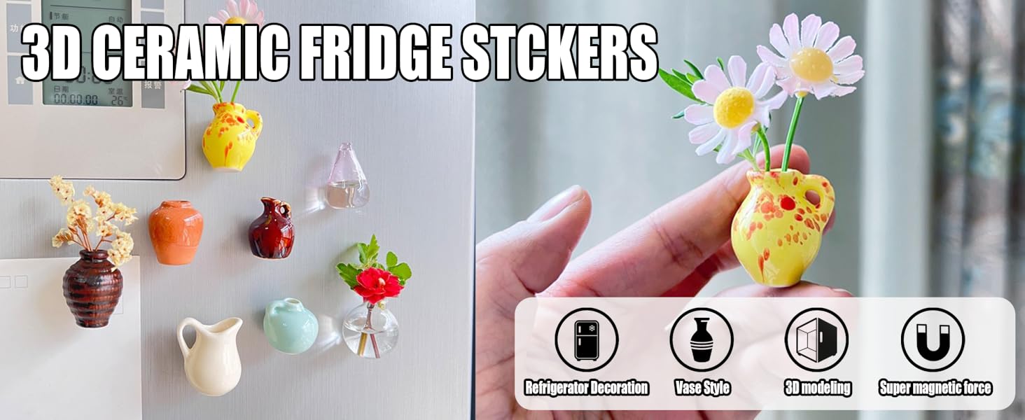 8PCS Mini Vase Magnets for Fridge,Mini Bud Vases Magnetic,Small 3D Ceramic Flower Vase Cute Fridge Magnet Set for Kitchen and Office Decoration (B-8PCS)