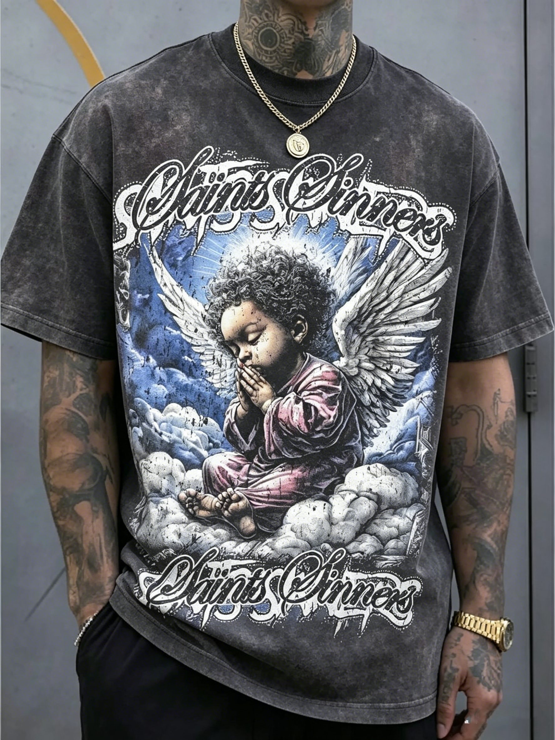 Saint Angel And Skull Salvation Vibrant Graphic Washed Tee