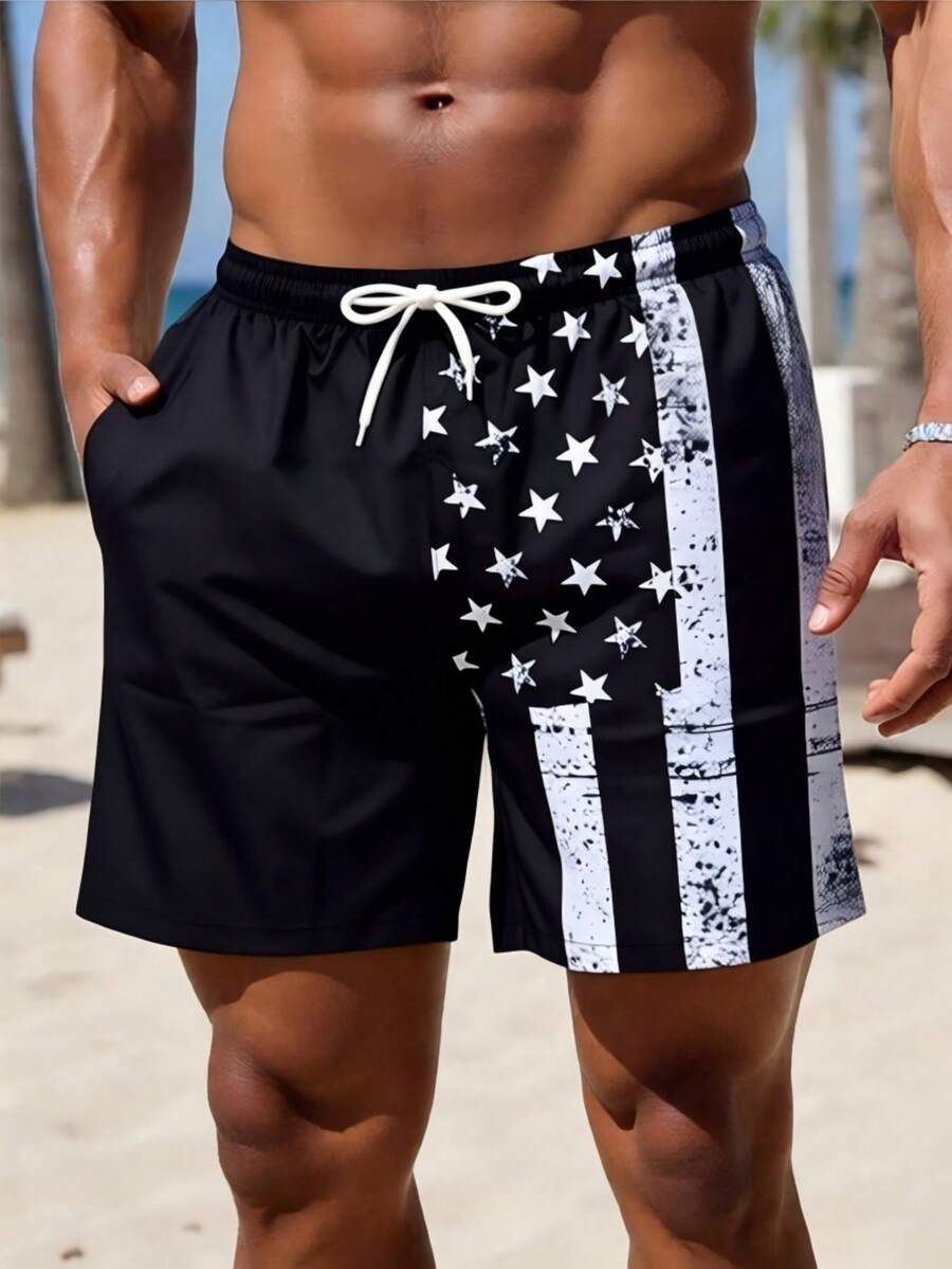 Men's Quick Dry National Flag Lining Elastic Waistband Drawstring Waist Casual Summer Fashion Sport Beach Shorts, Suitable For Vacation, Beach, Pool, Outdoor Activities, Daily Wear