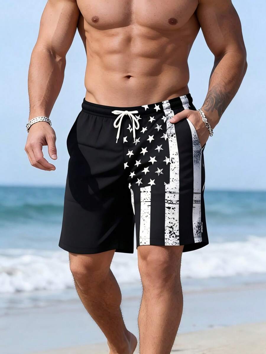 Men's Quick Dry National Flag Lining Elastic Waistband Drawstring Waist Casual Summer Fashion Sport Beach Shorts, Suitable For Vacation, Beach, Pool, Outdoor Activities, Daily Wear