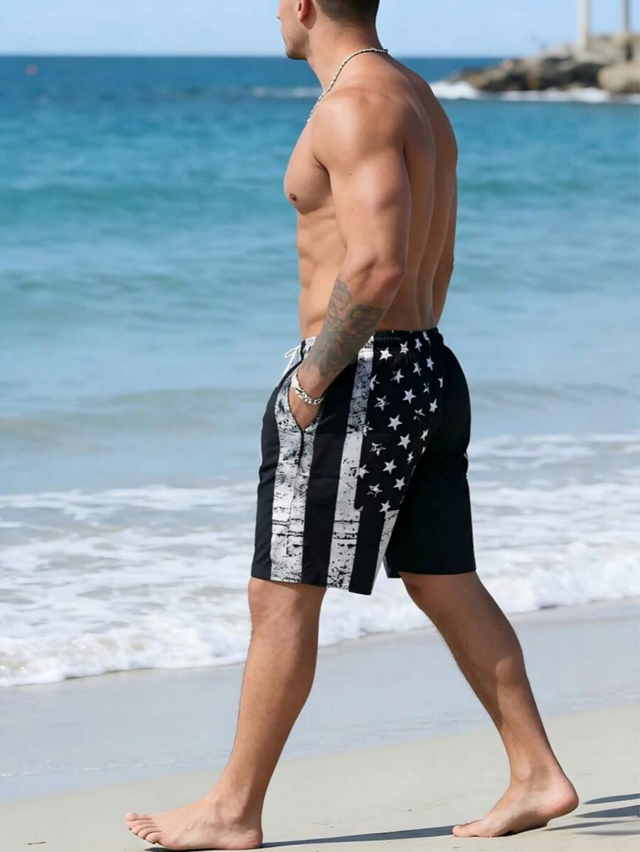Men's Quick Dry National Flag Lining Elastic Waistband Drawstring Waist Casual Summer Fashion Sport Beach Shorts, Suitable For Vacation, Beach, Pool, Outdoor Activities, Daily Wear