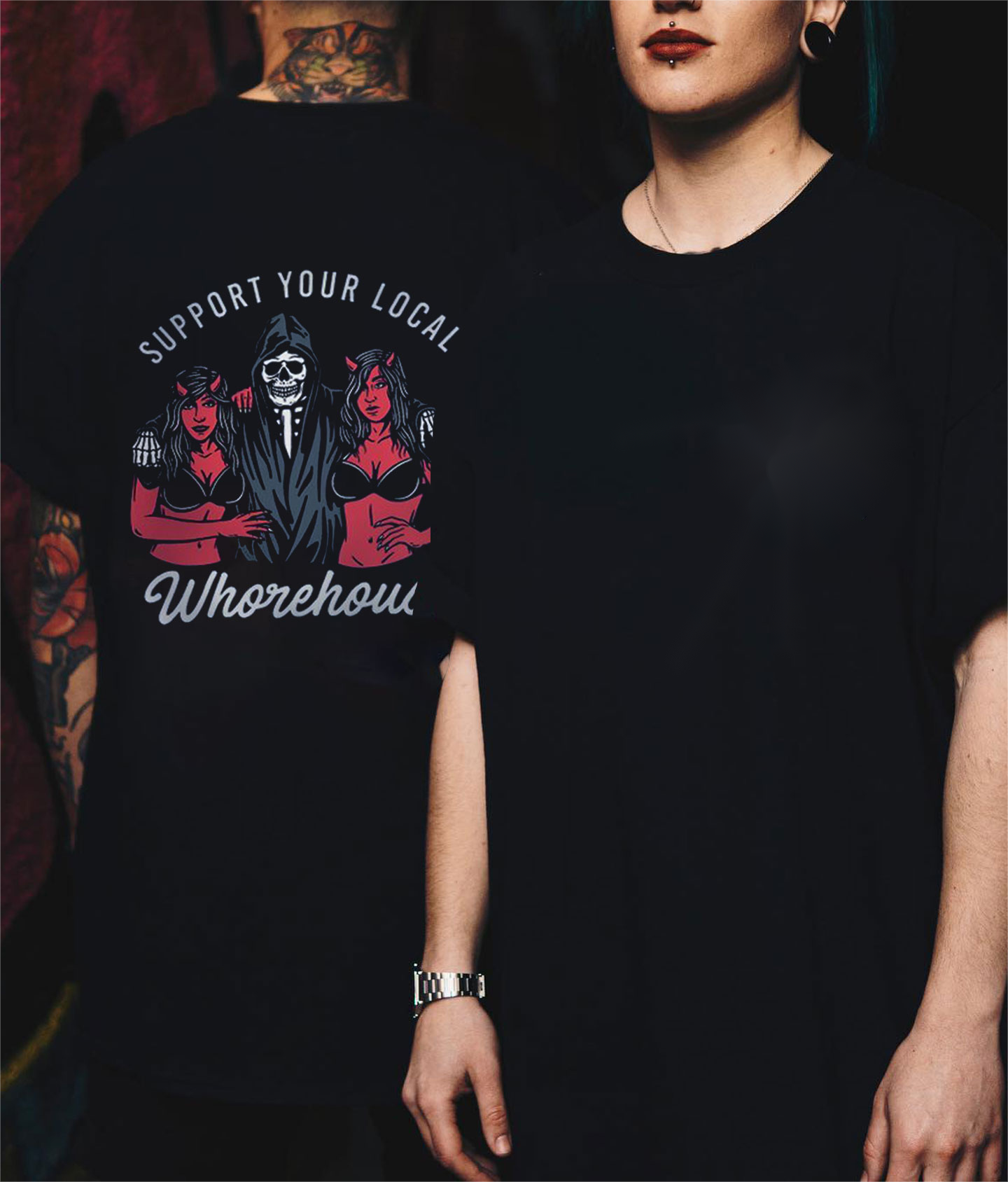 SUPPORT YOUR LOCAL WHOREHOUSE Skull with Sexy Ladies Print T-shirt