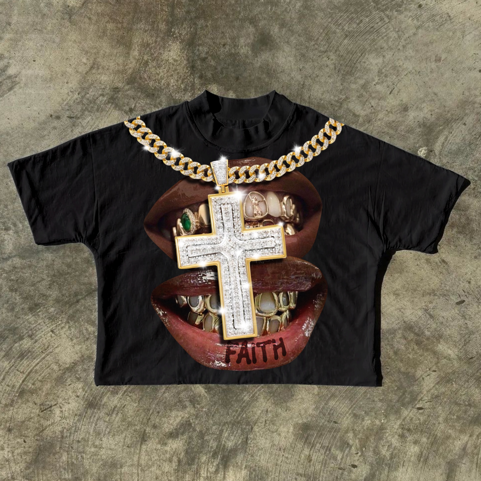 Faith Cross Diamond Necklace Lips Graphic Cotton Short Sleeve T-Shirts