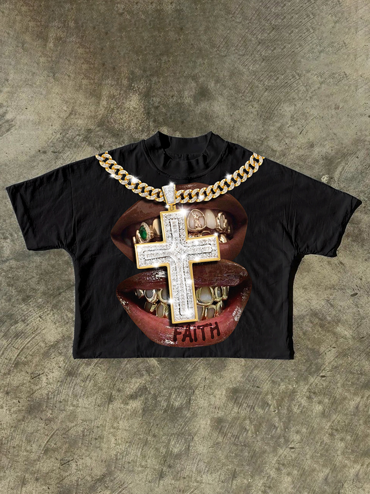 Faith Cross Diamond Necklace Lips Graphic Cotton Short Sleeve T-Shirts