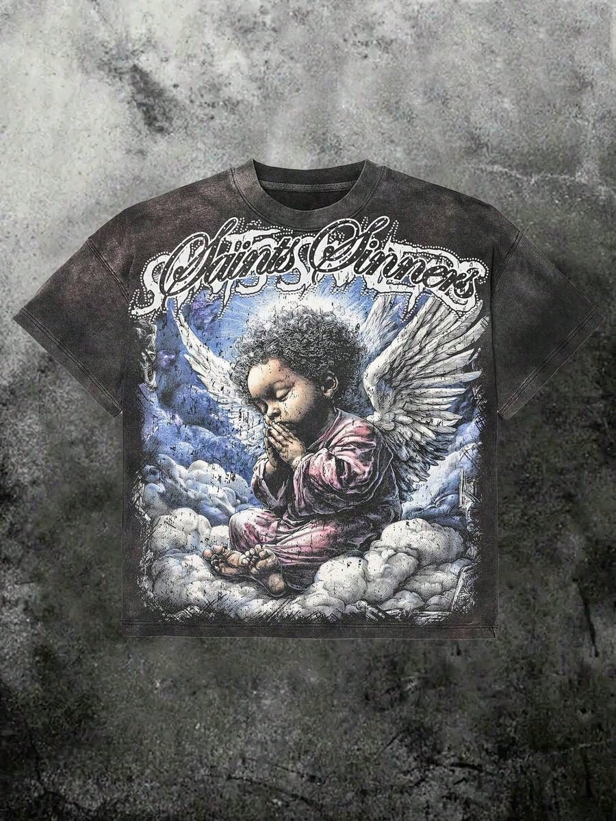 Saint Angel And Skull Salvation Vibrant Graphic Washed Tee