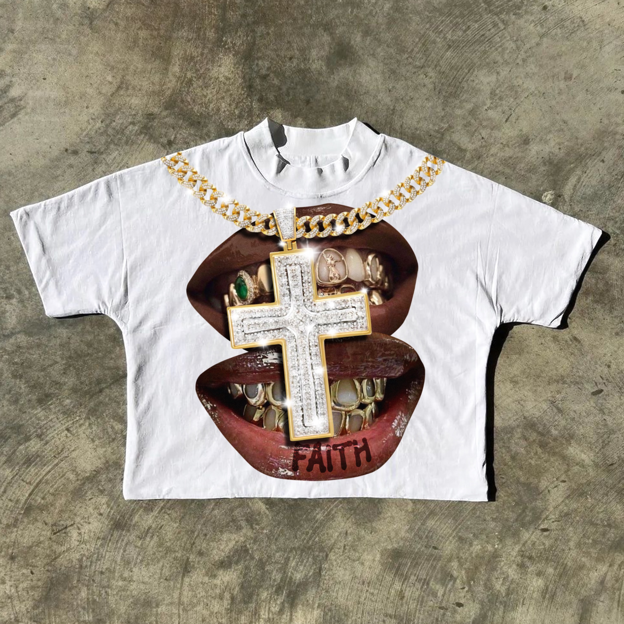 Faith Cross Diamond Necklace Lips Graphic Cotton Short Sleeve T-Shirts