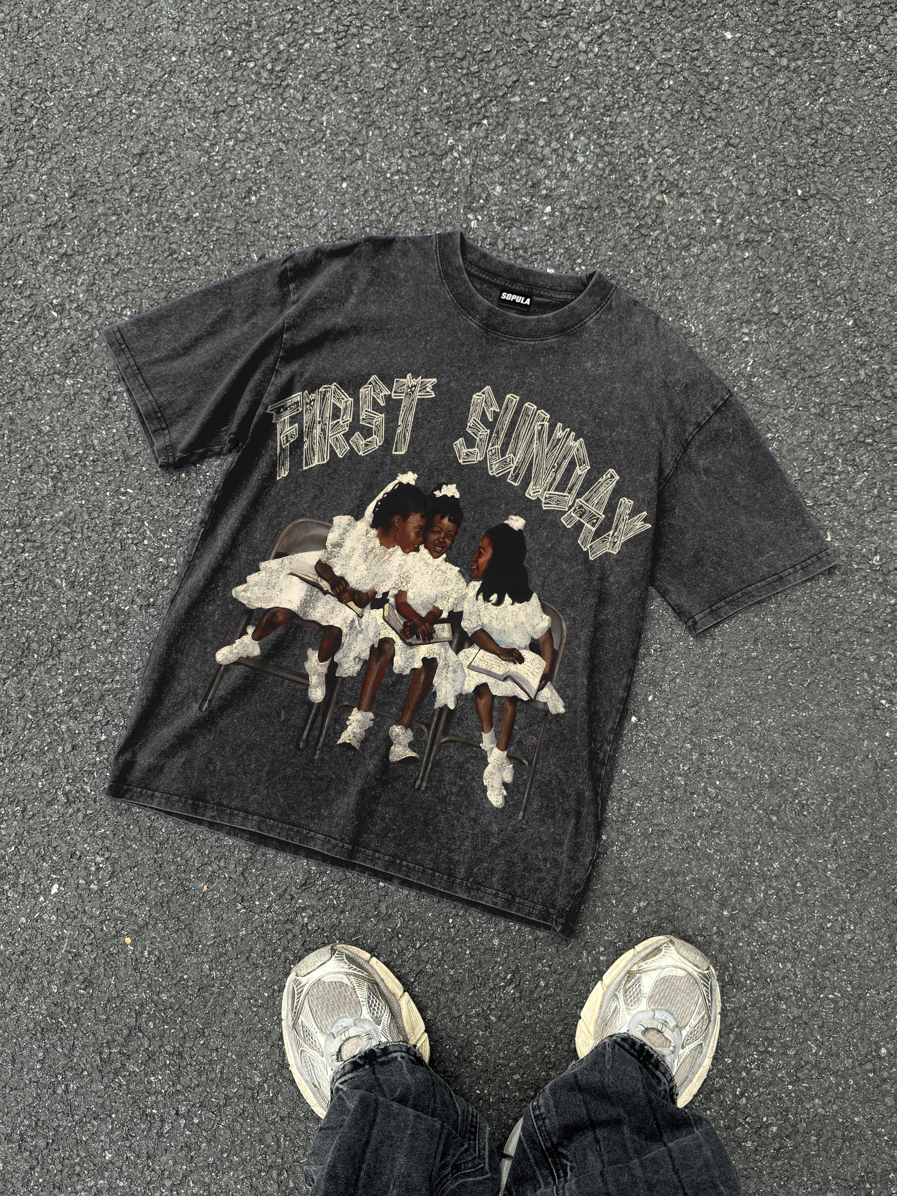 First Sunday Retro Graphic Print Washed T-Shirt