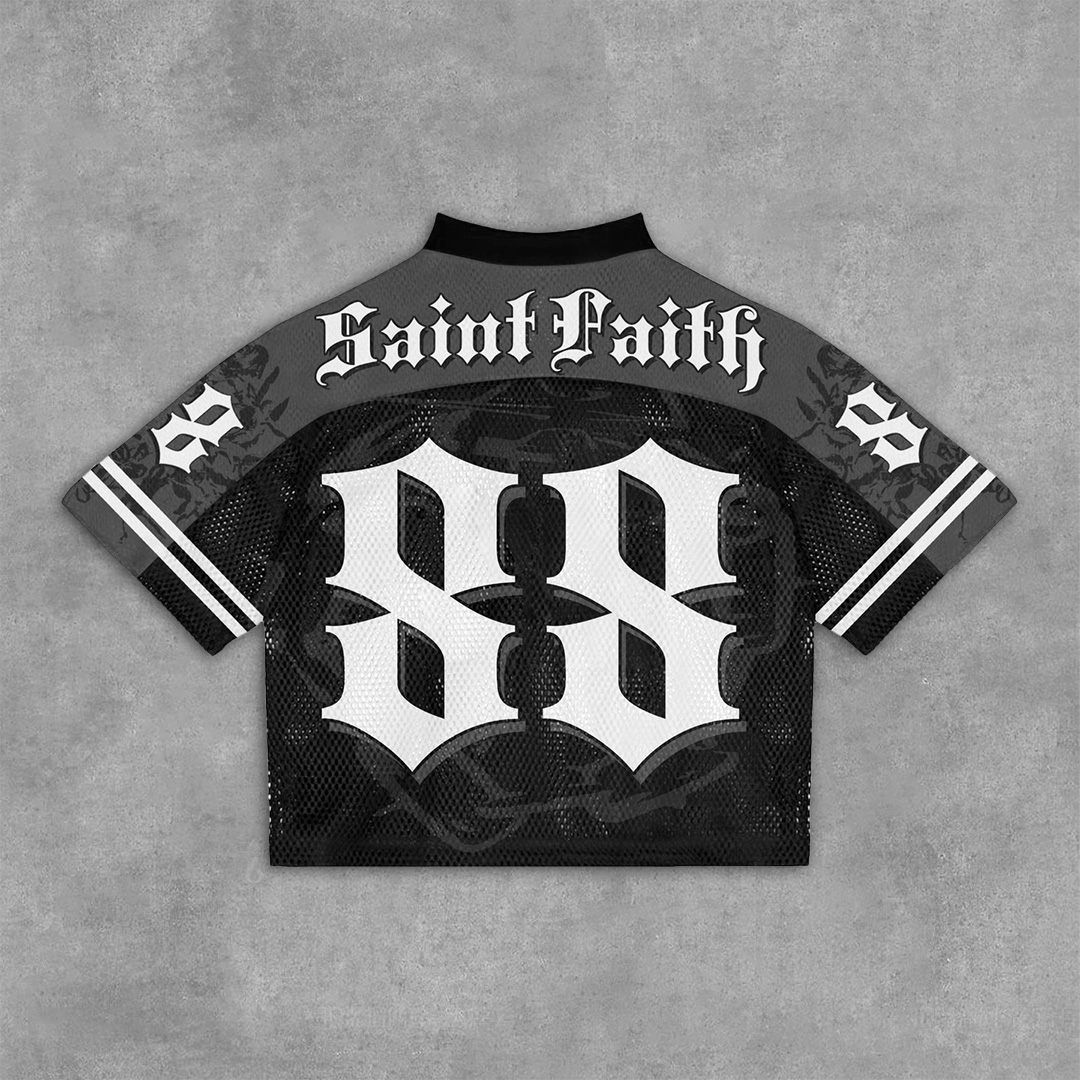  Vintage Saint Faith Graphics Blokecore Blokette Football V-Neck T-Shirt