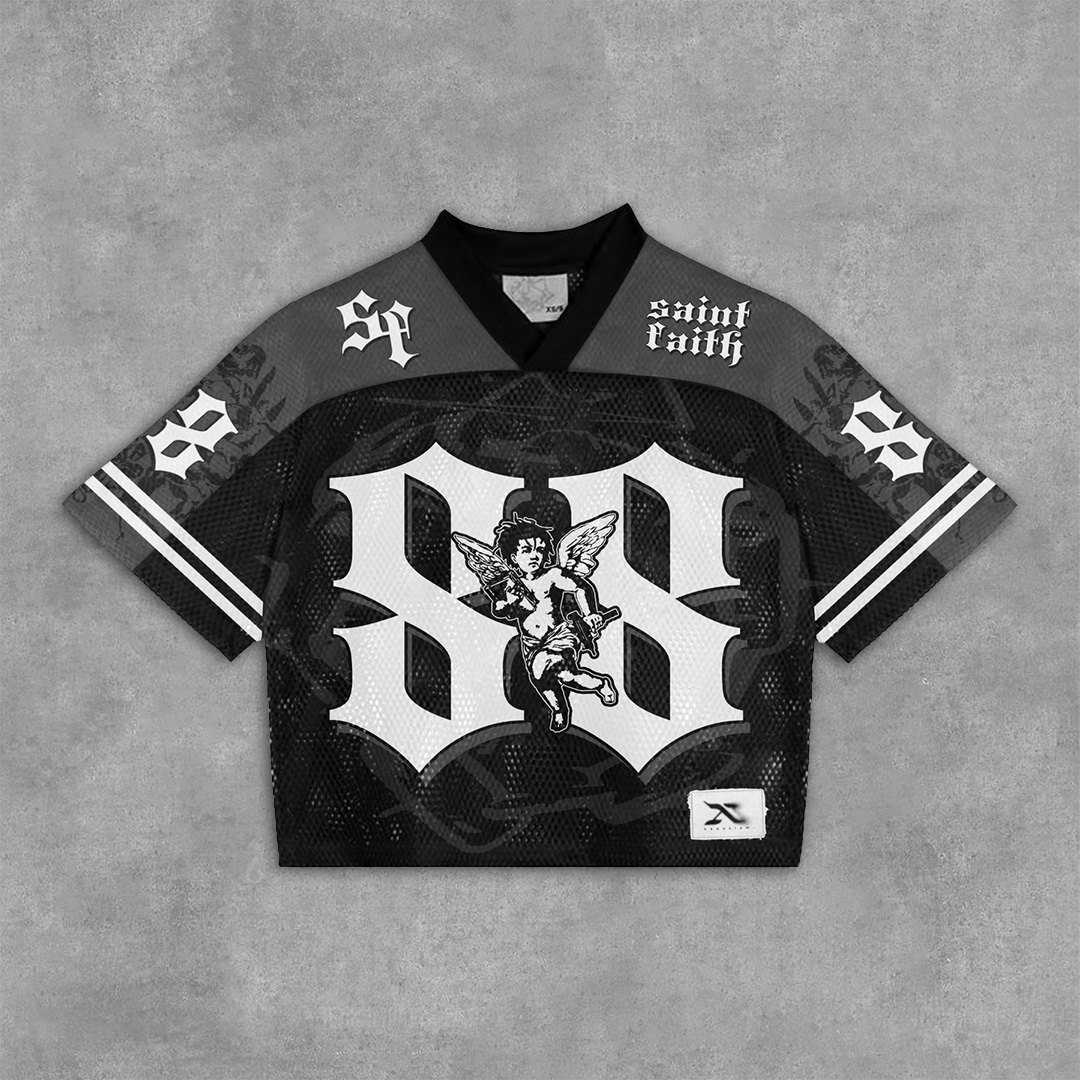  Vintage Saint Faith Graphics Blokecore Blokette Football V-Neck T-Shirt