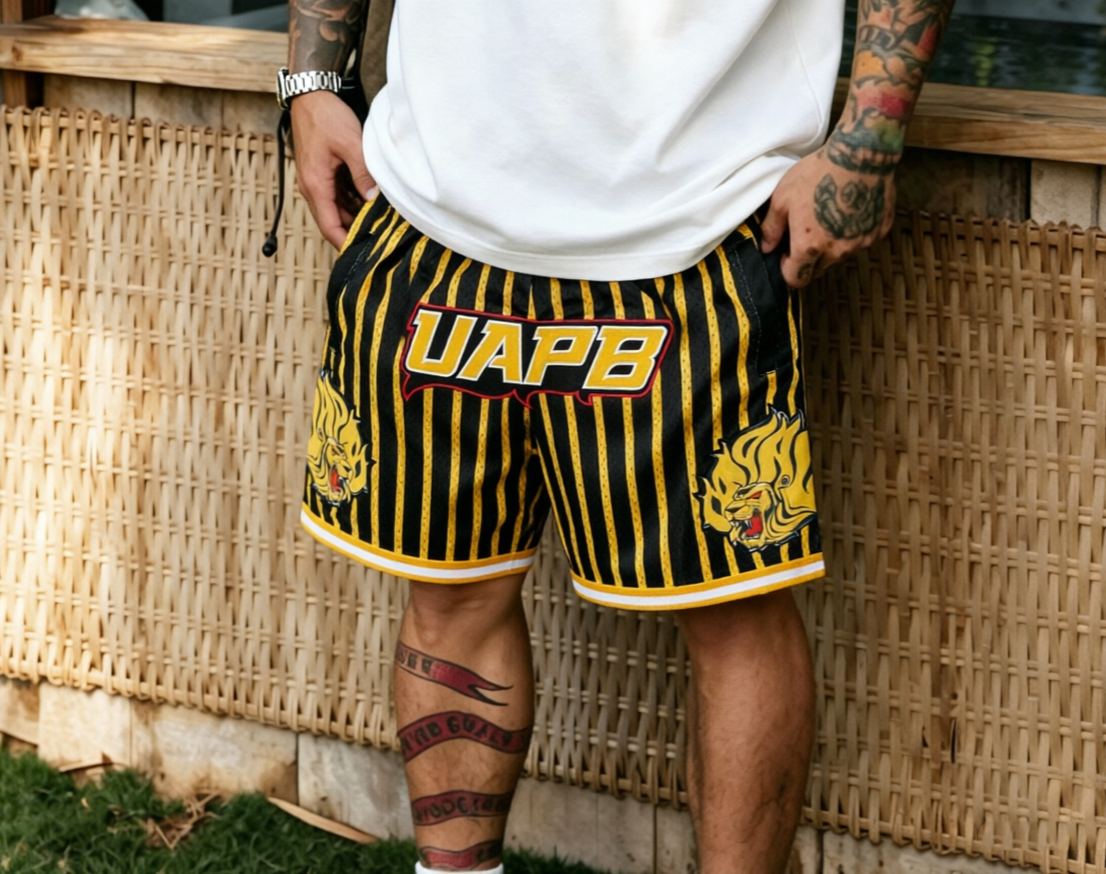 UAPB BASKETBALL SHORTS BLACK/ GOLD PINSTRIPES PRE-ORDER